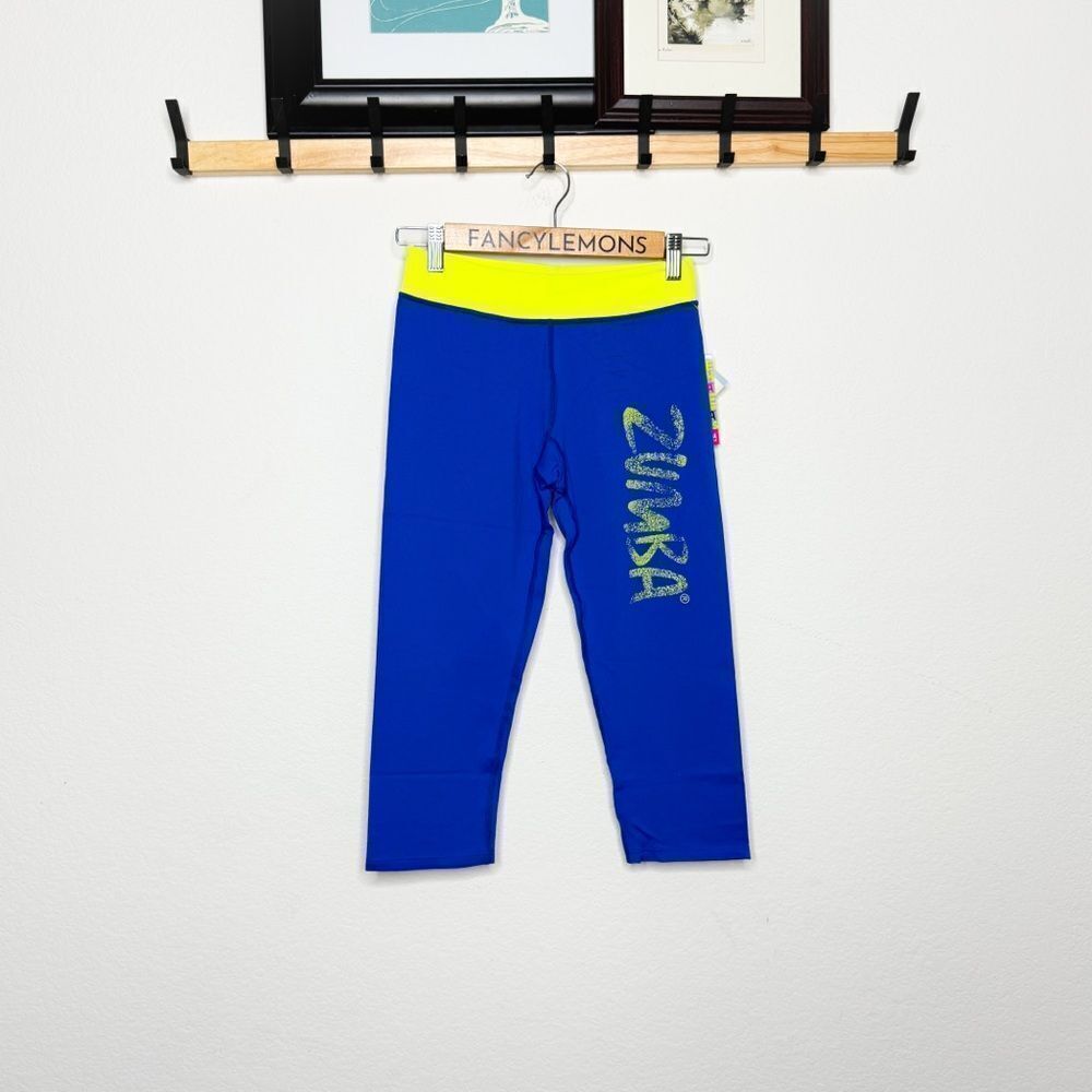 Zumba NWT! Women’s Galaxy Leggings Surf Blue & Neon Yellow Waistband Size Small